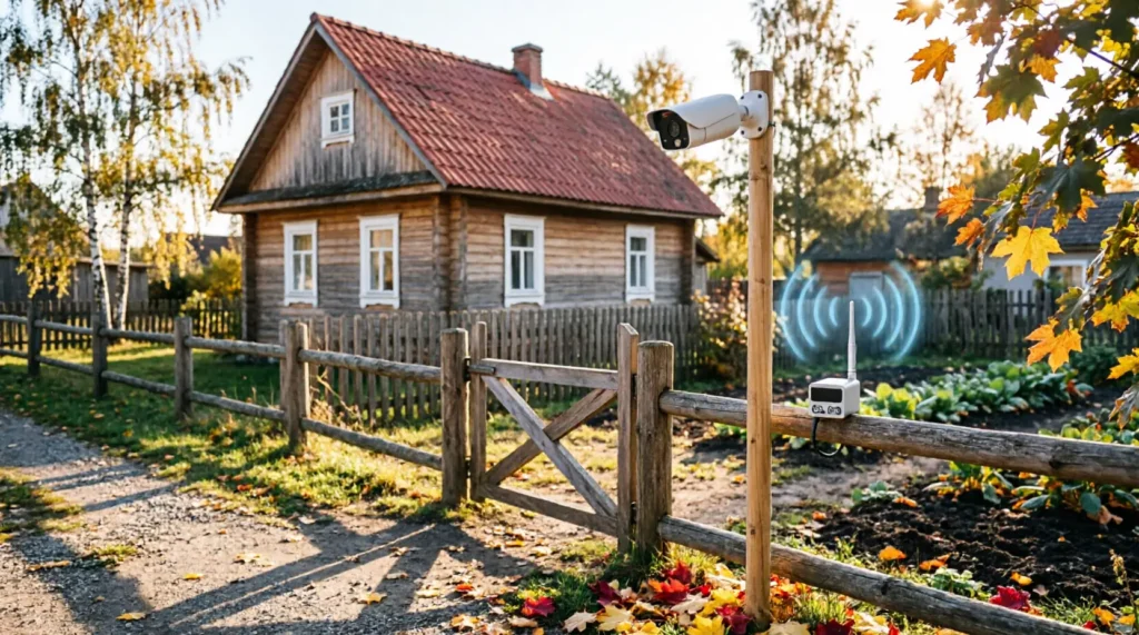 Видеонаблюдение на даче без интернета: уличная камера и 4G-антенна с роутером на столбе у забора дачного участка осенью